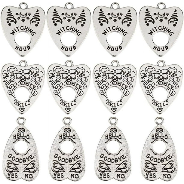 1 caja de 30 amuletos de tarot plateados, amuletos de planchette, a granel, aleación de metal, magia, gótico, ouija, tablero de adivinación, amuleto de corazón con forma de lágrima.