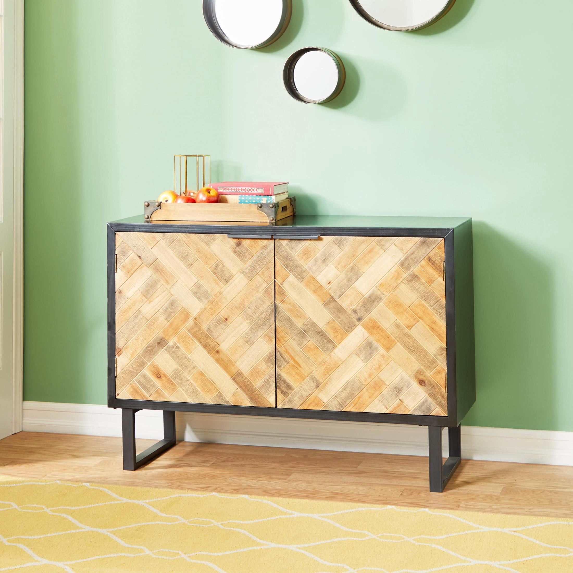 DecMode 47" x 33" Black Wood 2 Door Geometric Cabinet with Wood Inlay, 1-Piece