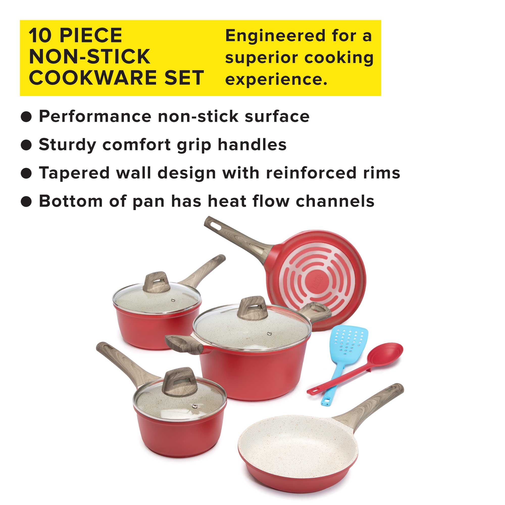 Tasty Cast Aluminum Cookware Set with Smart Heat Base, Dishwasher Safe, Red, 10 Piece