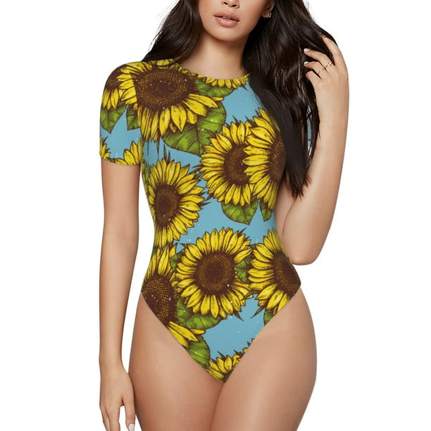 Balery Sunflowers Body de cuello redondo de manga corta para mujer Tops de manga corta Tops básicos-Medium