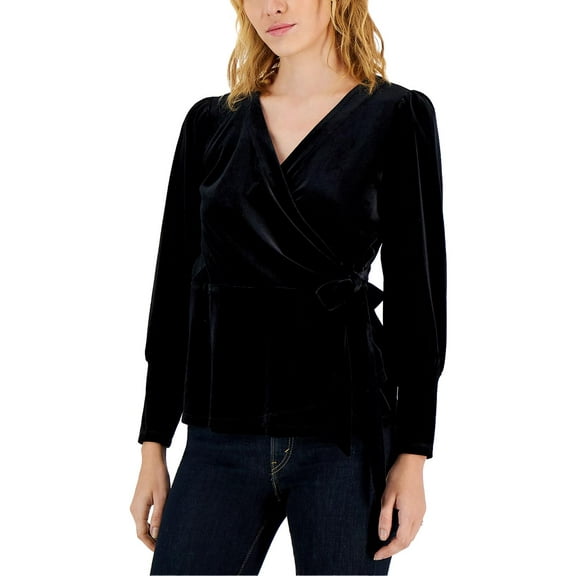 Nine West Womens Velvet Faux Wrap Peplum Top