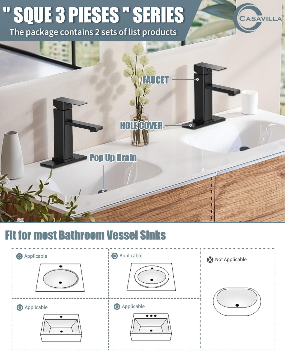 Bathroom Faucets Set with Pop Up Drain, Modern Single Handle Black Bathroom Sink Faucet w/Deck Plate(1 or 3 Hole), Farmhouse RV Vanity Sink Faucet-2 Sets, baño lavamanos Llave