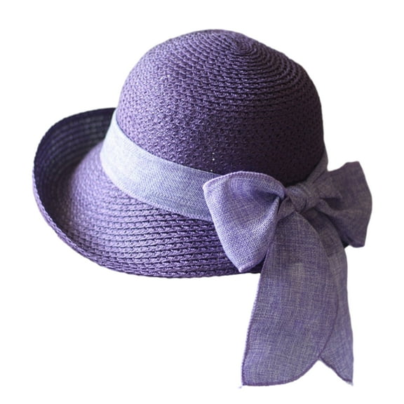 Grandest Birch Ribbon Bowknot Decor Straw Hat Round Dome Solid Color Folding Women Big Brim Sunscreen Travel Hat Accessories ,Gift