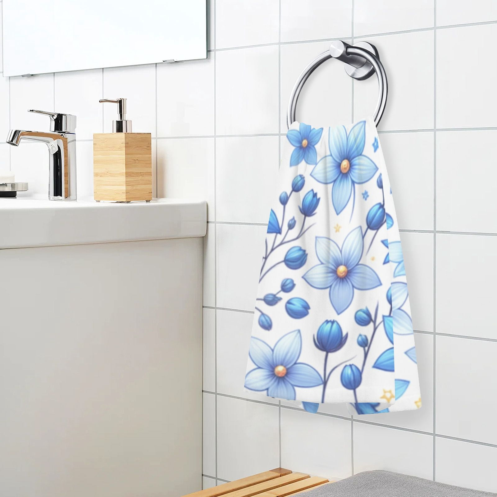 Cute Blue Flowers Hand Towels Cotton Bath Towels Large Face Towels Absorbent for Bathroom 2 Packs