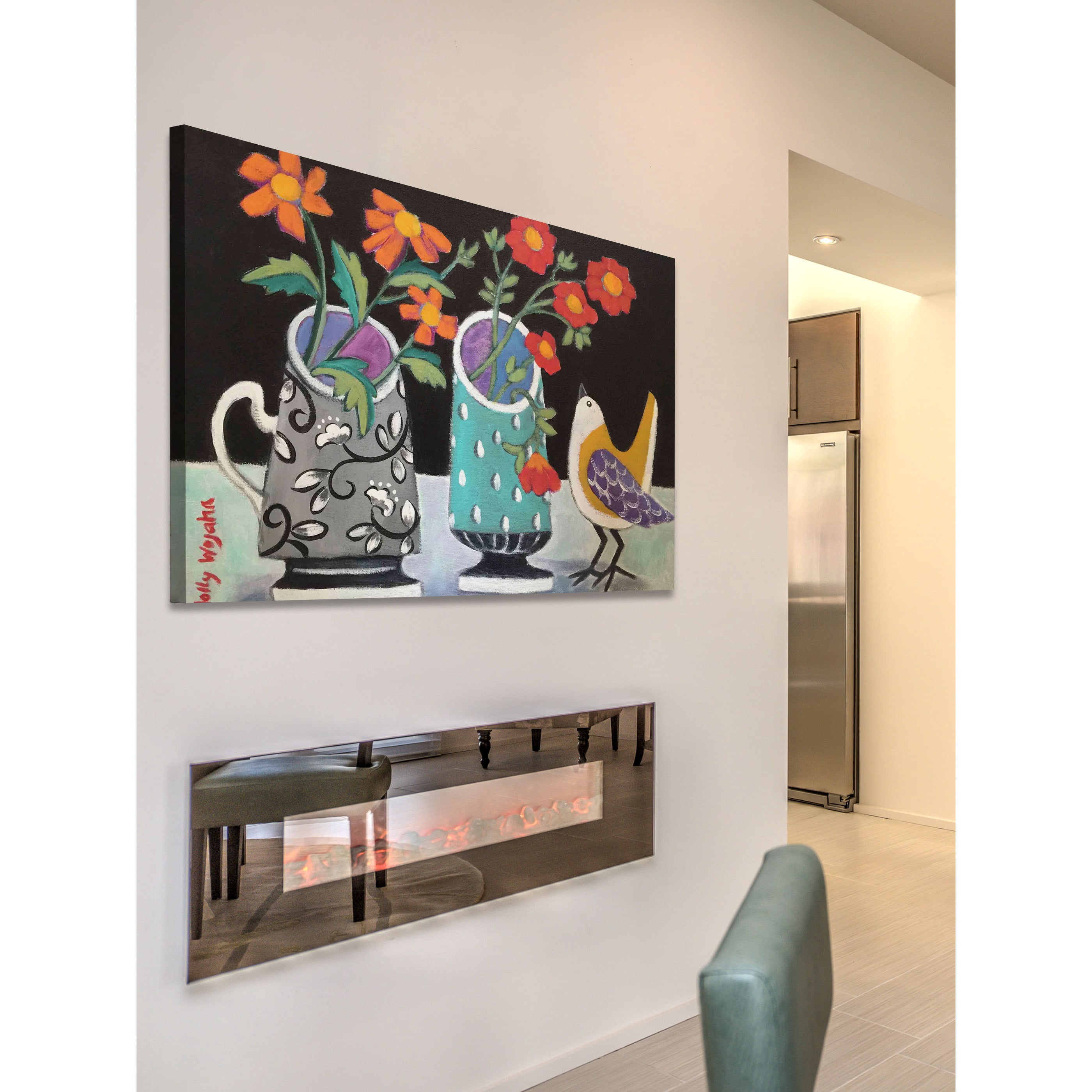 Marmont Hill "Two Cheery Vases and a Chirp" Painting Print on Canvas