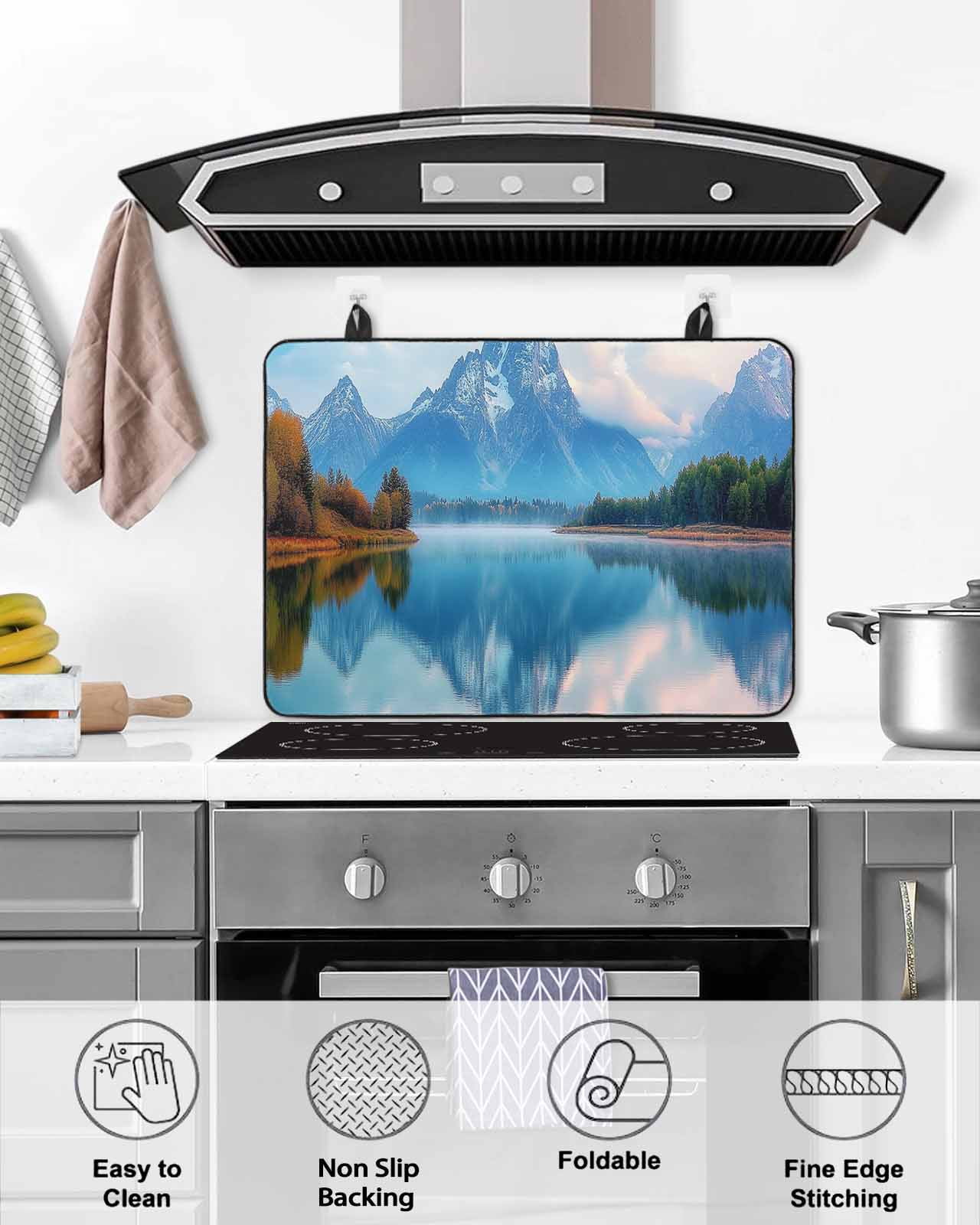 nqOlkjepod Large Induction Cooktop Protector Mat 24"x21", Blue Mountain Stove Top Covers for Electric Stove, Forest Modern Art Pastoral Decorative Stove Burner Cover Mats, Glass Top Stove Cover