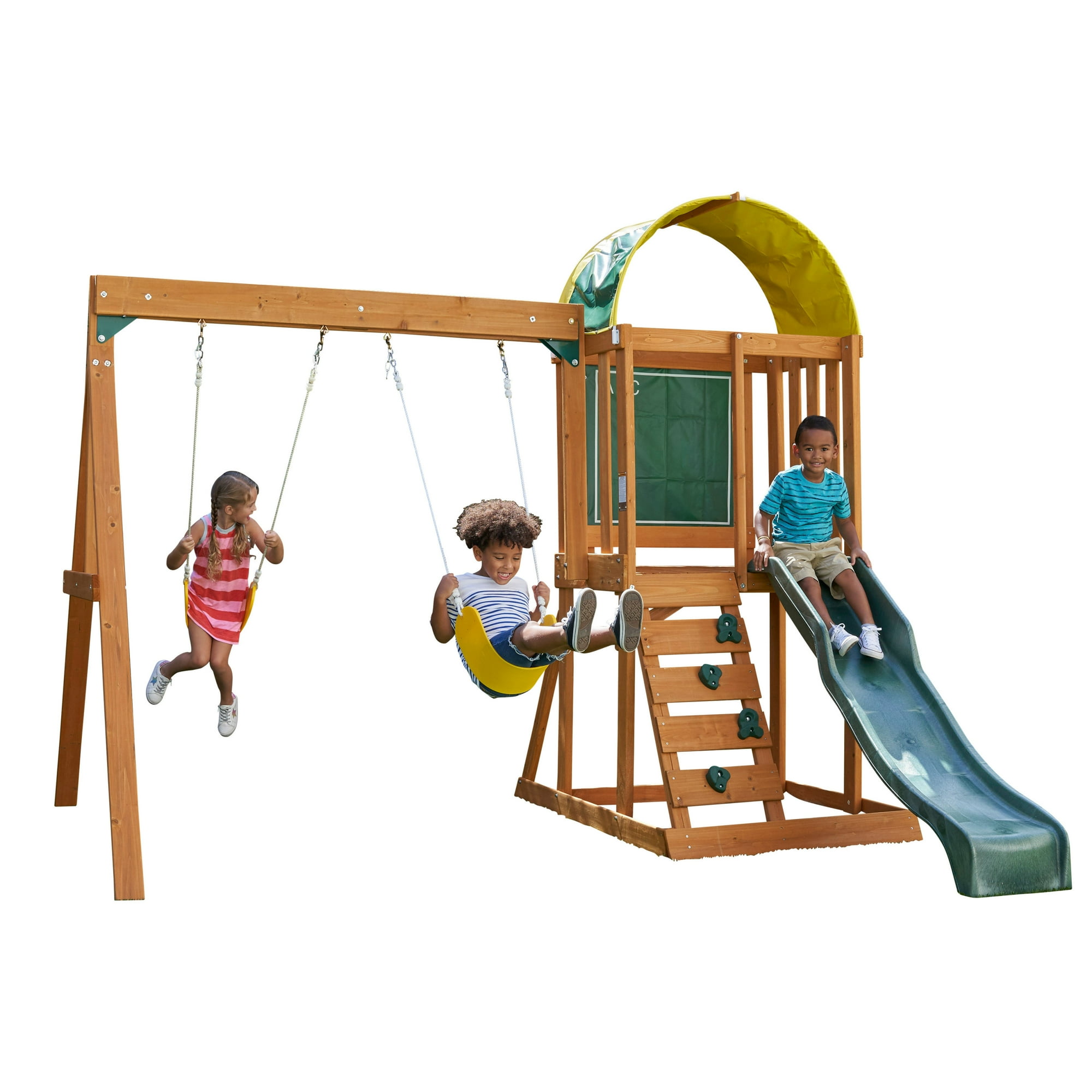 Kidkraft ainsley wooden outdoor swing set with slide chalk wall