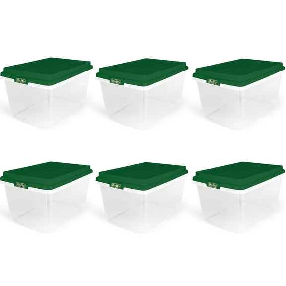 Hefty 72 Quart Clear Plastic Christmas Storage Bin with Holiday Green HIRISE Lid, Set of 6