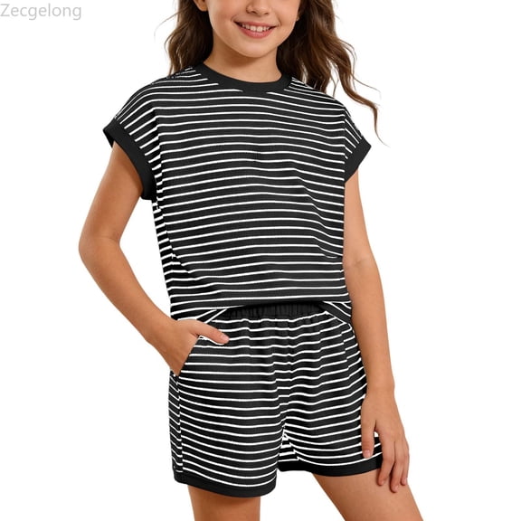 Zecgelong Girls' Summer Casual Two Piece Loose Side Opening Shirt And Cycling Shorts Suitable For 5 13 Years Old Toddler Girl Outfit Set for Girls 6-7 Years