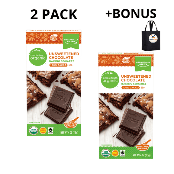 Simple Truth Organic Unsweetened Chocolate Baking Squares, 100% Cacao, USDA Organic, Non-GMO, Fair Trade Certified, 4 oz , 2 Pack + Bonus