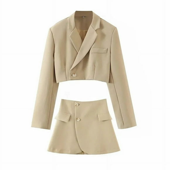 Women Blazer Clothing Two Piece Set Women Suits With Skirt Female Suit Tweed Long Sleeves Short Skirt Suits Blazer - Khaki / S / China