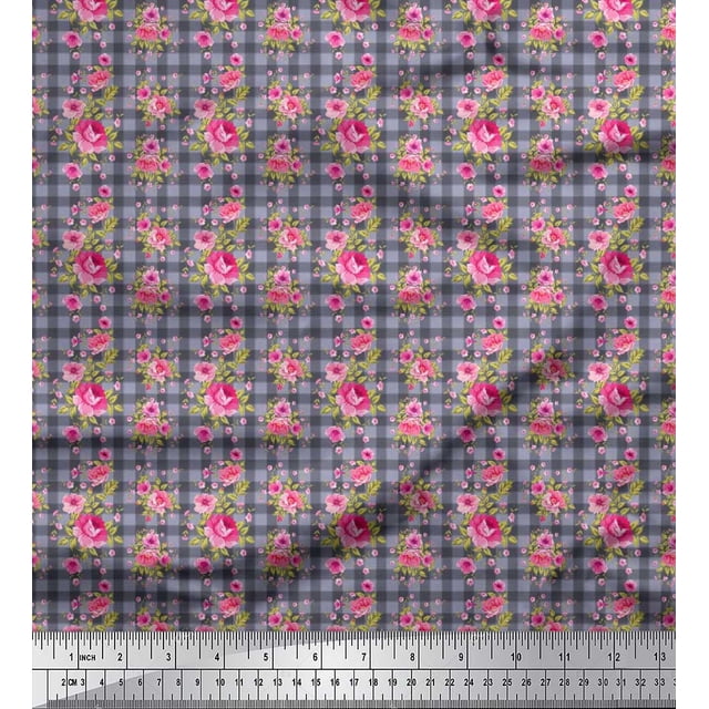 Soimoi Poly Georgette Fabric Check,Leaves & Peony Floral Decor Fabric Printed Yard 52 Inch Wide