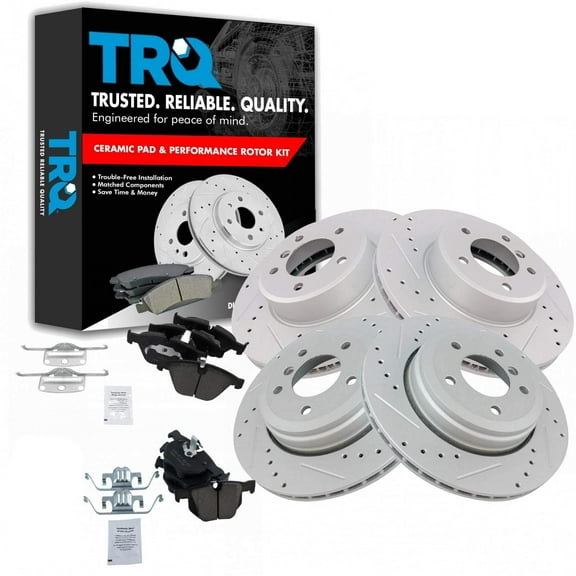 TRQ Front and Rear Performance Brake Pad & Rotor Kit Brake Pads Brake Rotors Set Ceramic Premium G-Coated Fits Select 2004-2006 BMW 525i 2008-2010 528i 2004-2007 530i