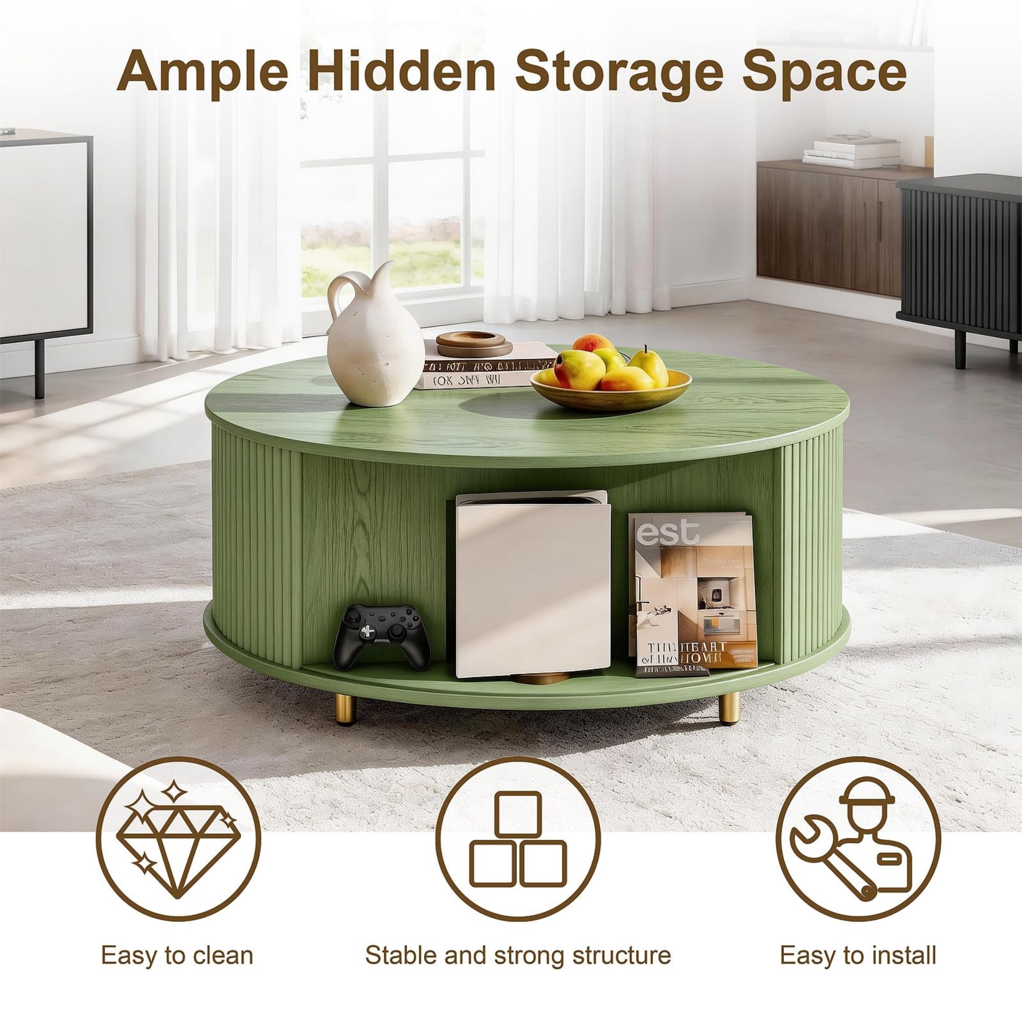 31.5" Round Coffee Table, Mid Century Modern Fluted Coffee Table with 360° Sliding Tambour Door & Storage, Green