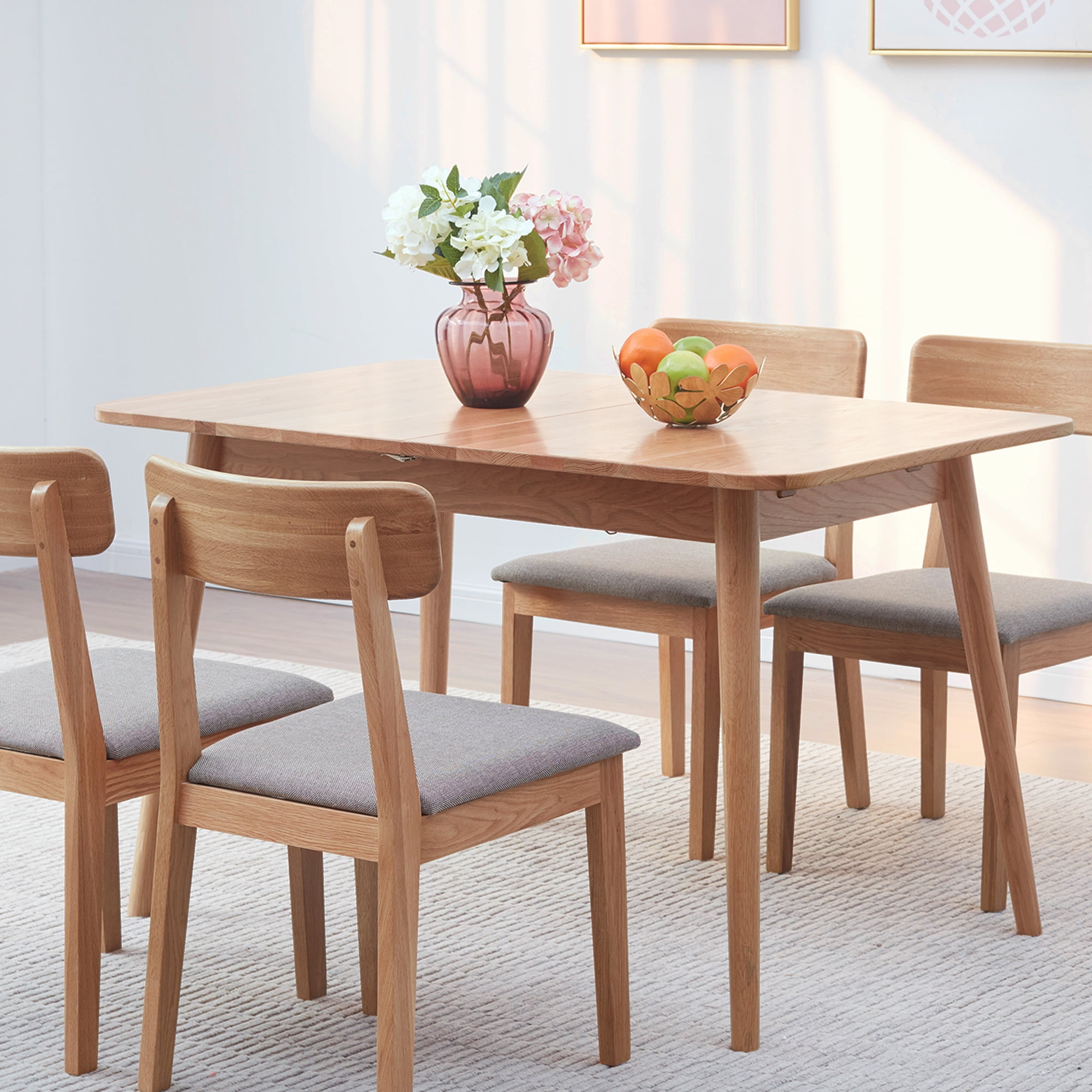 MAYEERTY Natural Solid Oak Round Corner Telescopic Dining Table (1.2-1.6m)