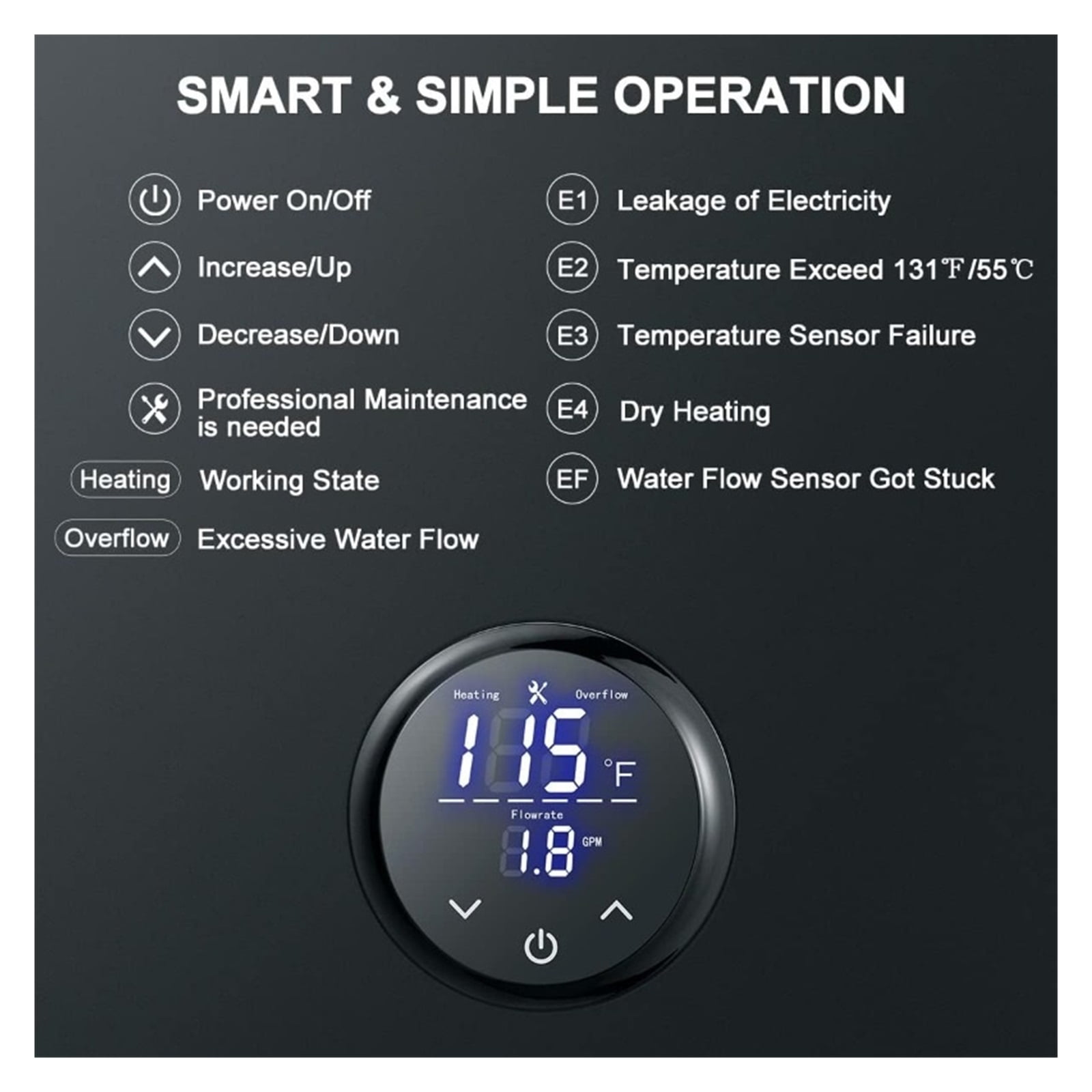 Electric Tankless Water Heater, Instant Hot Water Heater On Demand Point Of Use Hot Water Heater Self-Modulation Black ,Safety Protections