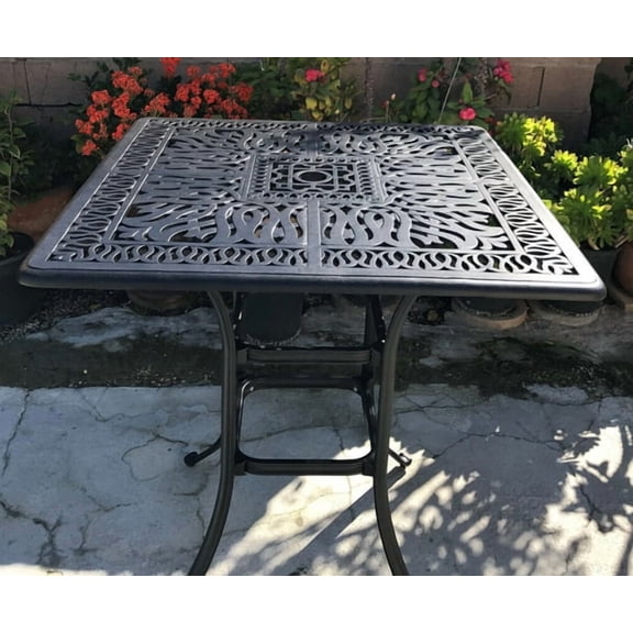 Bar height outdoor table for 2 Elisabeth cast Aluminum patio 36in square furniture.
