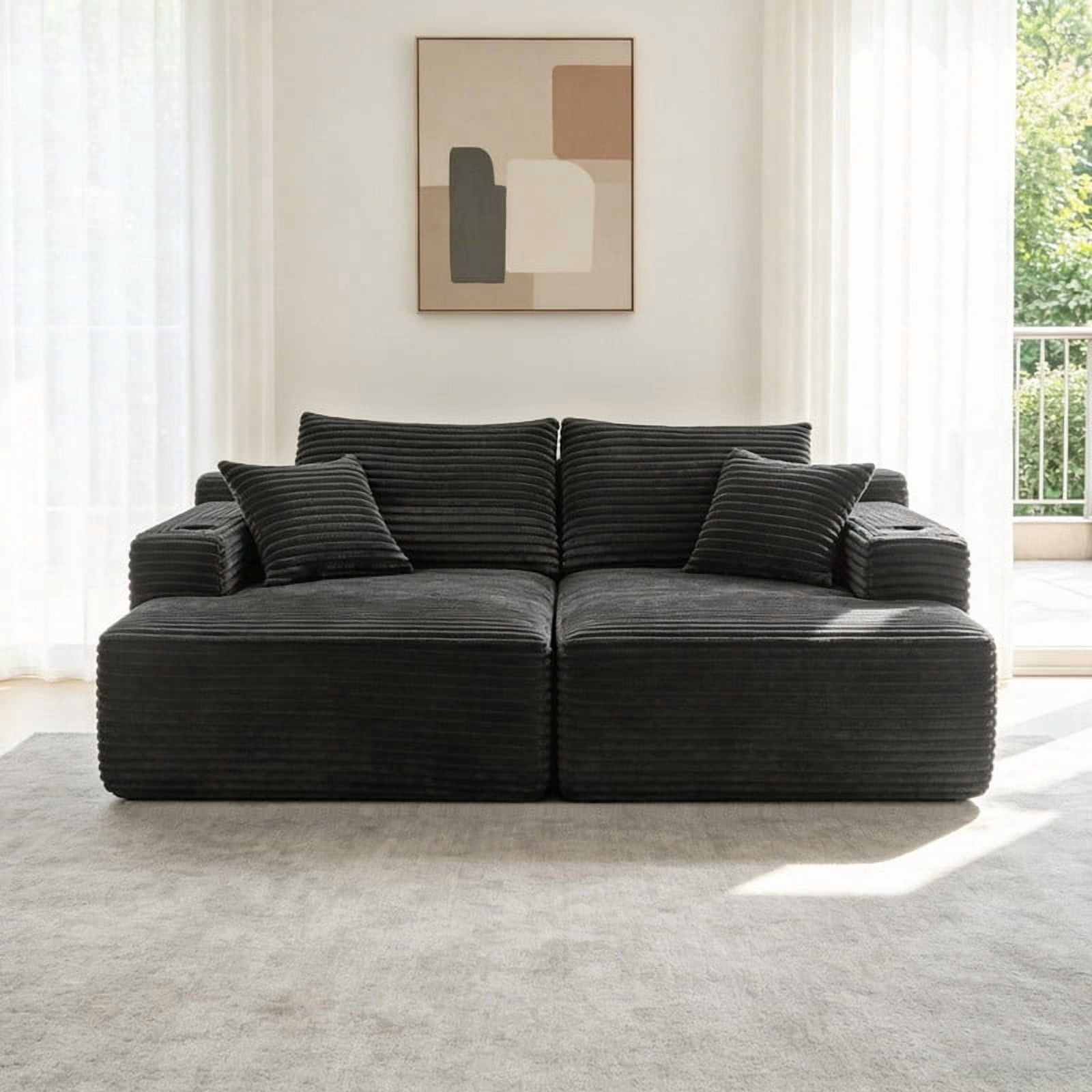 2-Seater Double Chaise Lounge, Deep Seat Upholstered Floor Couch, Boneless Loveseat Sofa with Cup Holder & Storage Pocket