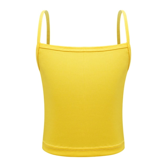 Kaerm Kids Girls Spaghetti Strap Camisole Ribbed Knit Crop Tank Top Sleeveless Baisc Crop Cami Tops Yellow L/中码
