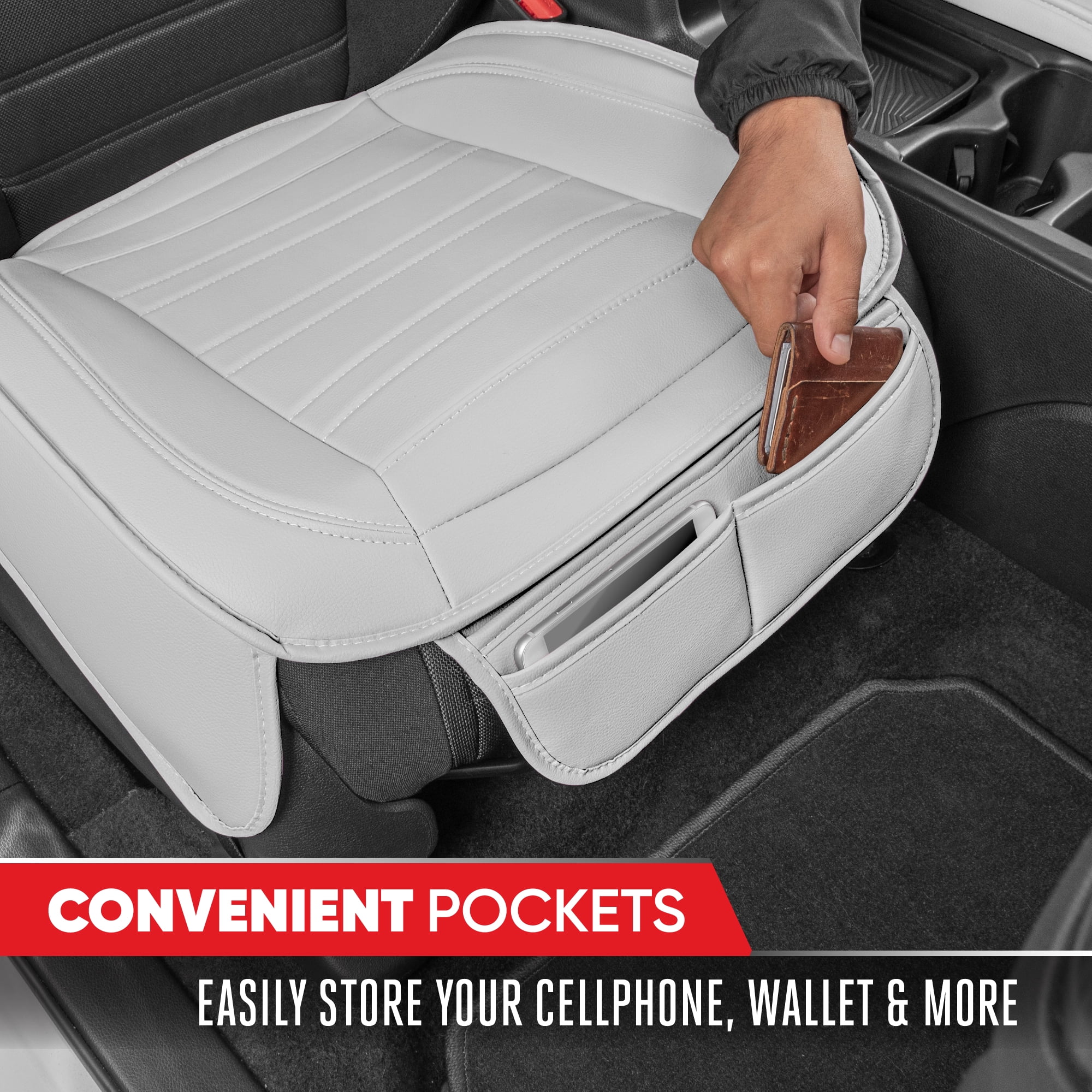 Motor Trend Faux Leather Front Car Seat Covers, Set of 2 with Storage Pockets, Bottom Cushion Auto Protectors, Universal for Car Truck SUV Van, White