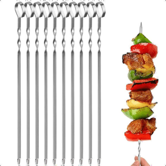 Casewin Barbecue Skewers - Set of 10 Stainless Steel Kebab Skewers BBQ Sticks 38cm Long Flat Metal Reusable Shish Kabob Skewers for Grilling Meat Chicken Vegetable