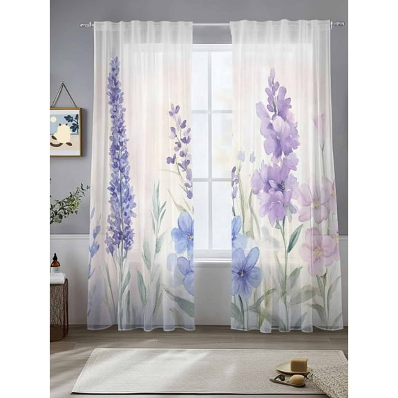 Lavender Spring Sheer Curtains for Living Room Bedroom Farmhouse Pastoral Pastel Flowers Sheer Curtains 84 Inch Long 2 Panels Set Light Filtering Curtain Window Treatments Drapes for Dining Room