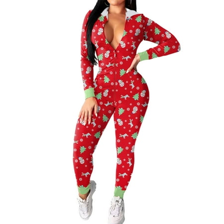 

Women Christmas Pajamas Romper Cute Print Long Sleeve Zip Up Hooded Jumpsuit Sleepwear Loungewear