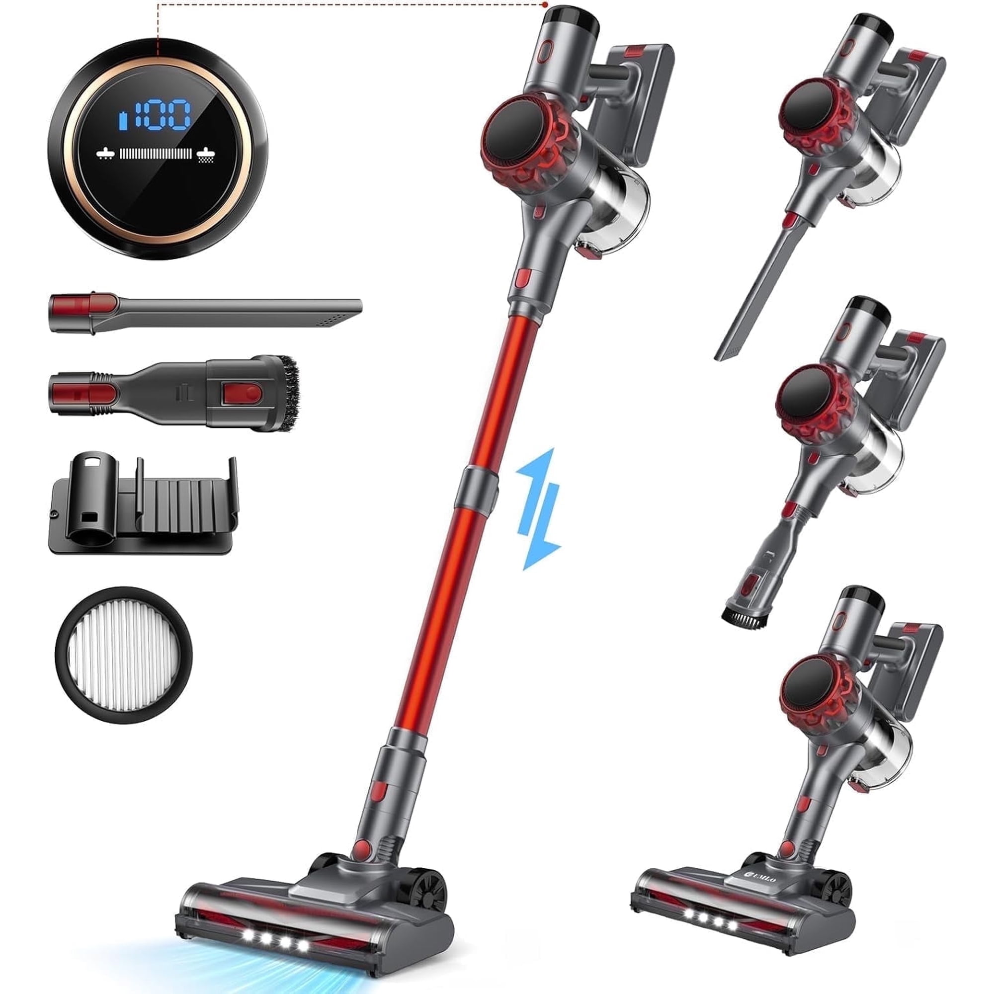 Cordless Vacuum Cleaner, 350W 35Kpa Powerful Stick Vacuum, with LED Display Free-Standing Vacuum Cleaners for Home Pet Hair Carpet Hard Floor S3 (Red)