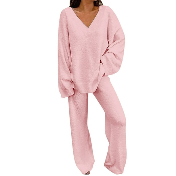 Gibobby Sudaderas de Forro Polar y Pantalones Conjunto de dos piezas de otoño 2022 para mujer, de manga larga con cuello redondo, Tops y pantalones largos, ch(Rosa,XL)
