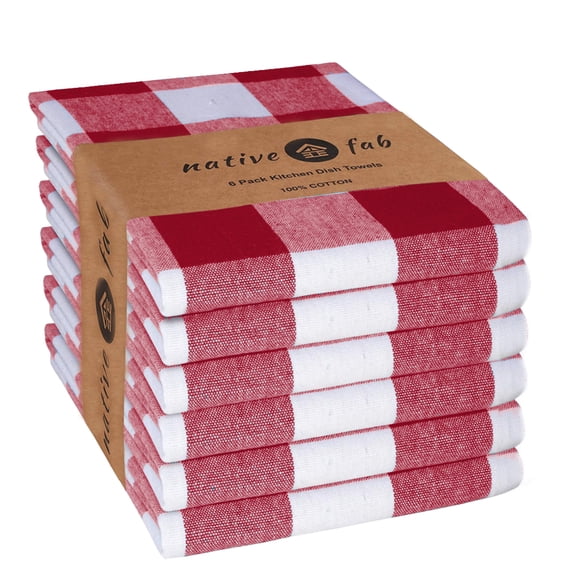 Native Fab Buffalo Checks Kitchen Towels, Set of 6, Cotton, 16x26 Red White