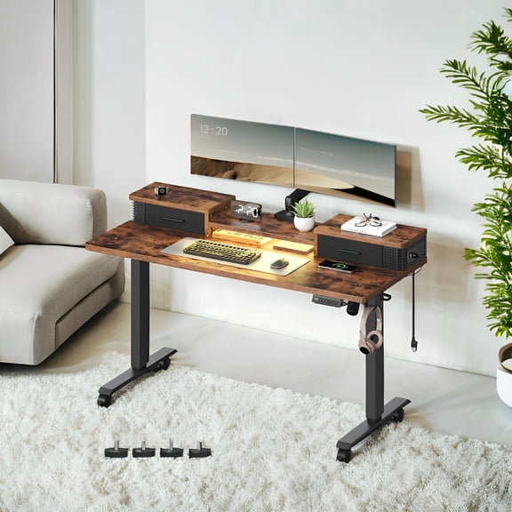 LEDREM Electric Standing Desk with LED Lights & USB Ports, 55.1" Adjustable Height Office Desk with 3 Memory Presets & Storage Drawers, Rustic Brown