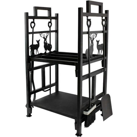 

Hitow Fireplace Log Holder 2 Layer Iron Fire Wood Rack with 4 Firepit Tools Set - Brush Shovel Tong & Hook