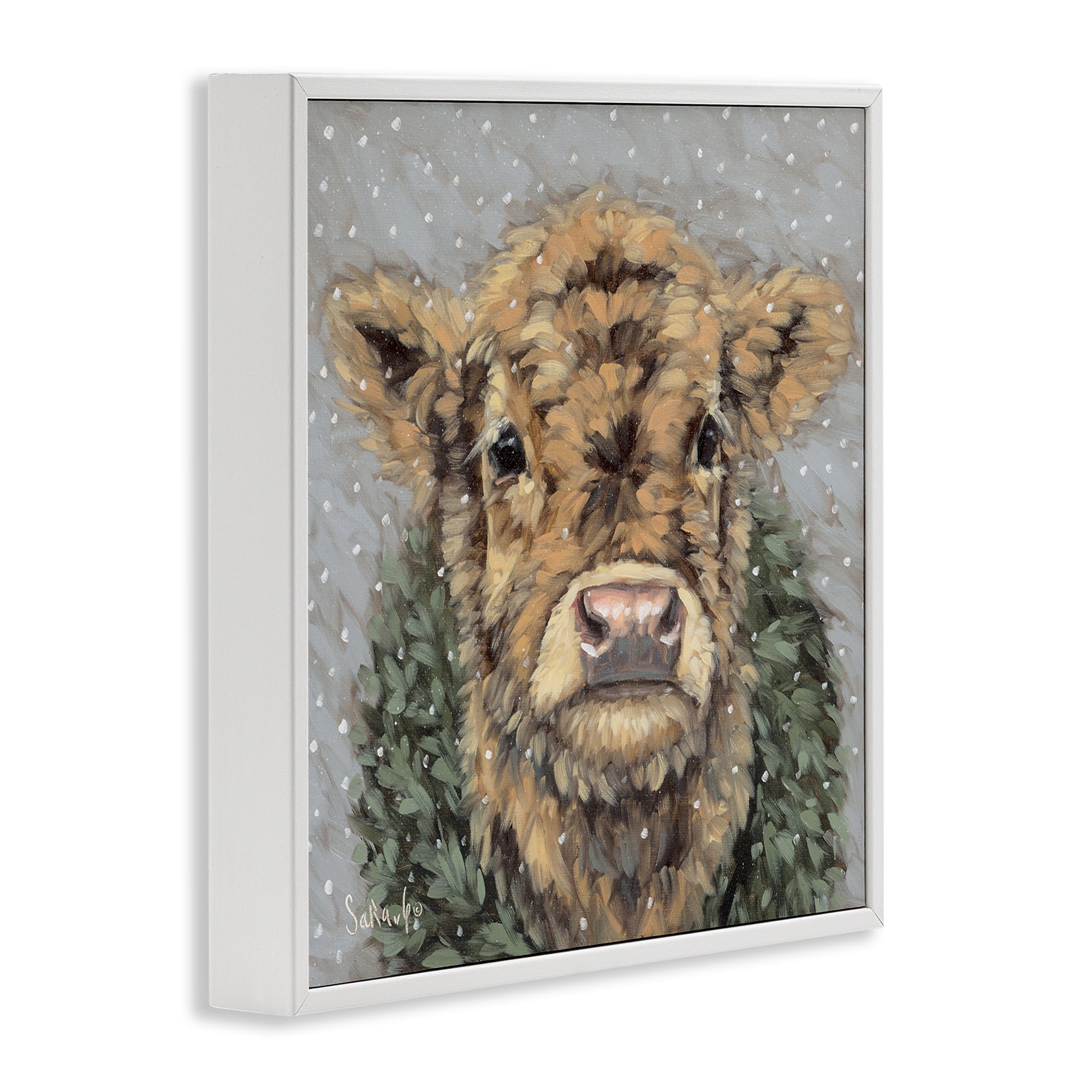 Stupell Industries Snowy Cattle & Wreath Animals & Insects Painting White Framed Art Print Wall Art, 17 x 17
