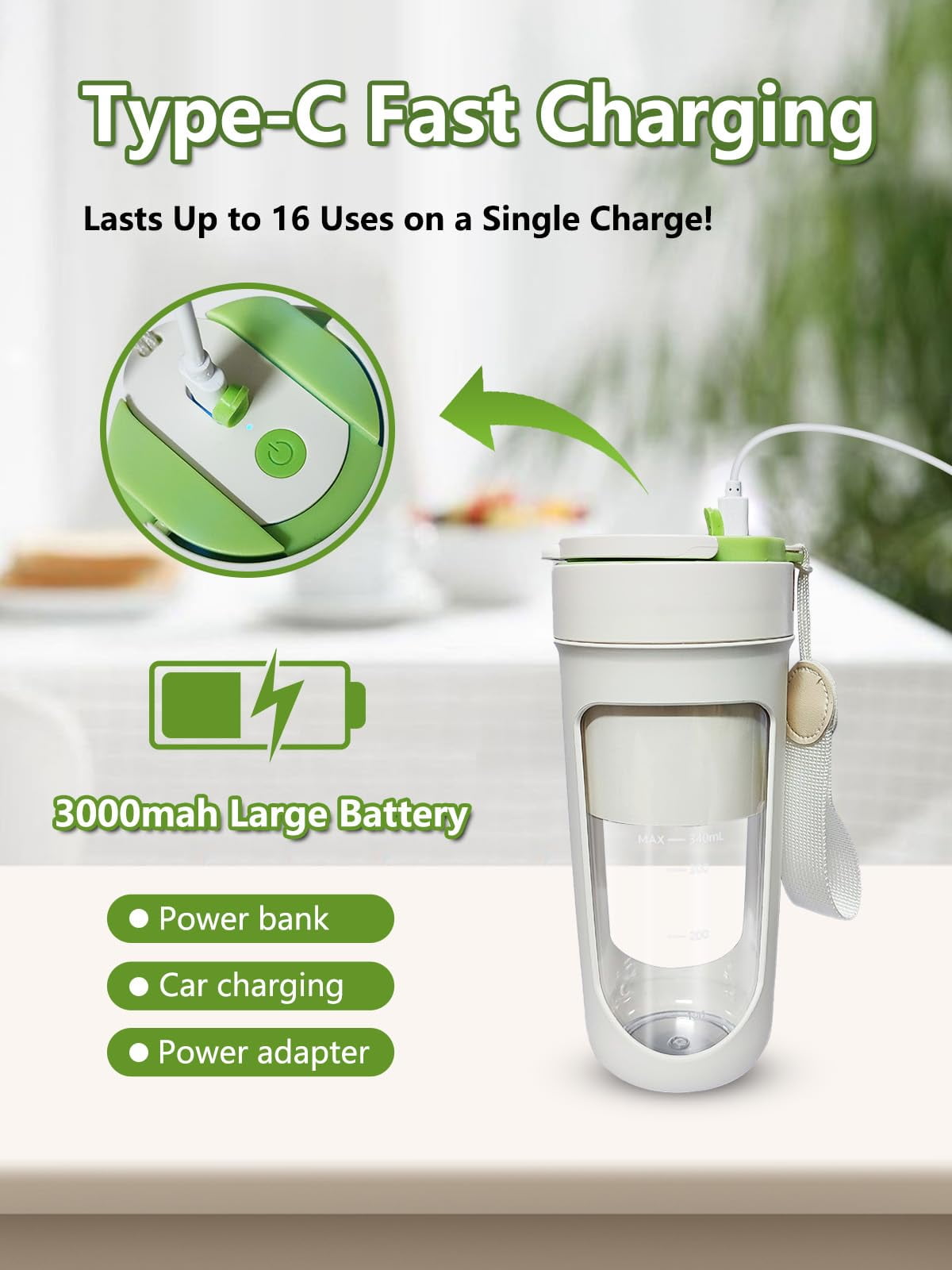 Portable Blender, 12oz Smoothie Blender Cup with 4000ml rechargeable Battery, 10 Blades, Crushable Ice, Suitable for Shakes and Smoothies, Suitable for Travel, Sports, Camping and Fitness