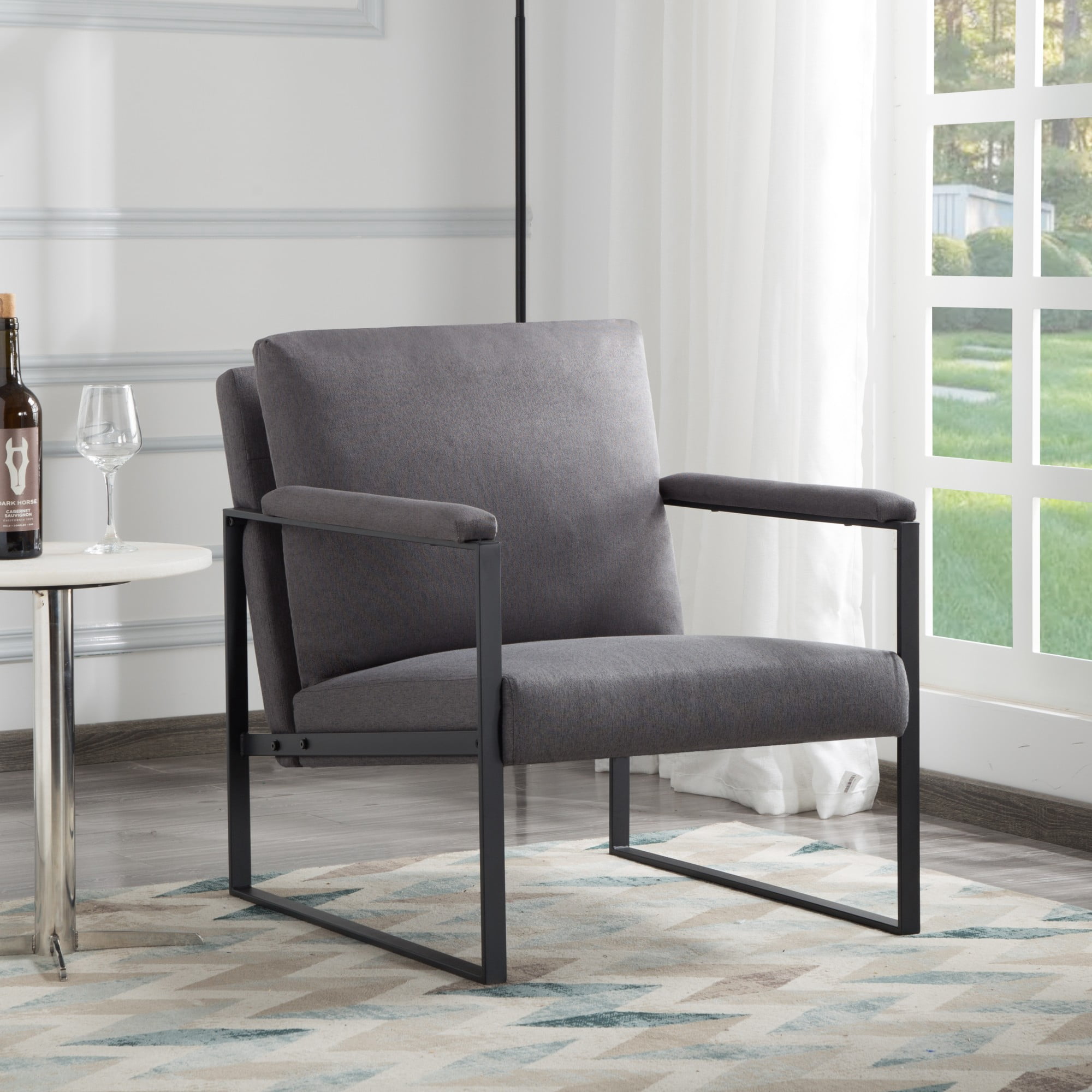 Gewnee Dark Gray 26.8” Metal Frame Accent Armchair, Linen Blend Soft Cushion Chair for Residential Living Space
