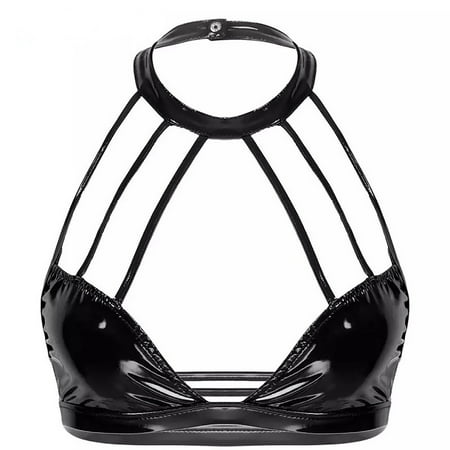 RUTAYY Women High Gloss Leather Collarss Bra Leather Bra Halter Neck Bra Lingerie Valentine s Day Lingerie Home Intimates Versatile