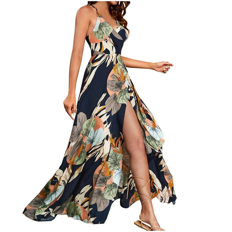 GYEDTR Womens Summer Dress Hawaiian Maxi Dresses Holiday Dresses For Women  Floral Print V Neck Side Split Long Dresses Boho Sleeveless Evening Party  Beach Sundress XXL - Walmart.com