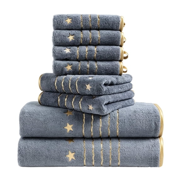 Btomtd Star Embroidered Bath Towels Set, Set of 8, 2 Bath Towels & 2 Hand Towels & 4 Square Towels, Soft & Absorbent, Gray