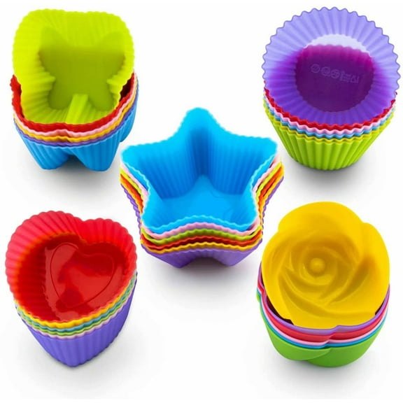 24 Packs Silicone Cupcake Mold,Resuable Non-Stick Silicone Baking Molds for Making Cups Cake/Jelly/Egg/Chocolate/Pudding and 4 shapes Round,Star,Heart,Rose,Square,Rectangle(Random Colors)