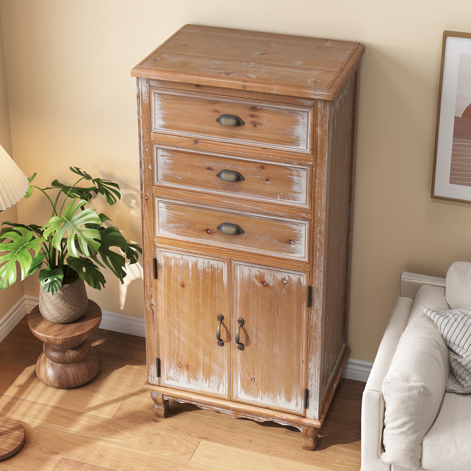 AENKYO 51" Rustic Wood Storage Cabinet with 3 Drawers, Tall Farmhouse Accent Chest for Small Spaces, Natural Wood