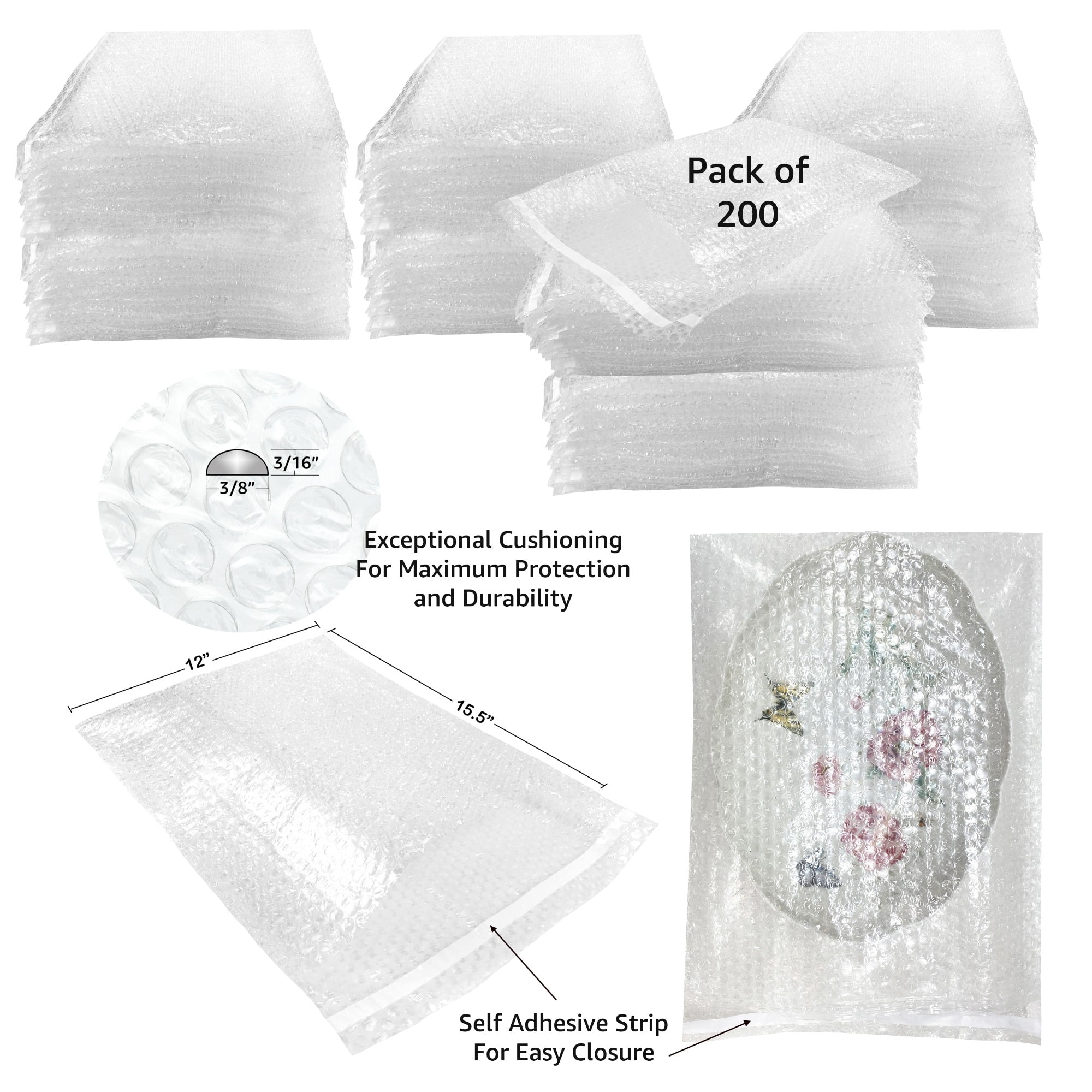 UOFFICE 200 Clear Bubble Out Bags 12x15.5" - #7 Wrap Pouches Envelopes Self-Sealing