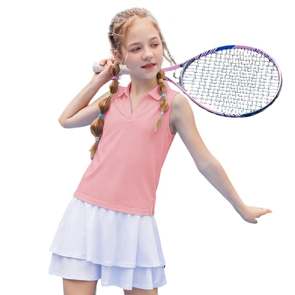 Girls Sleeveless Polo Shirt, Solid Color V-Neck Collared Athletic Top for Kids, Breathable Quick-Dry Tank for Tennis Golf School Uniform Daily Wear(Pink,9-10 Years)