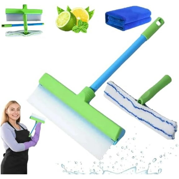 AquaSwipe Recyclable Silicone Window Squeegee Kit, 3 in 1 Window Cleaning Scraper, Rotatable Rubber Squeegee and Microfiber Scrubber, Squeegee Cleaner for Shower Glass Mirror Window Door (Green)
