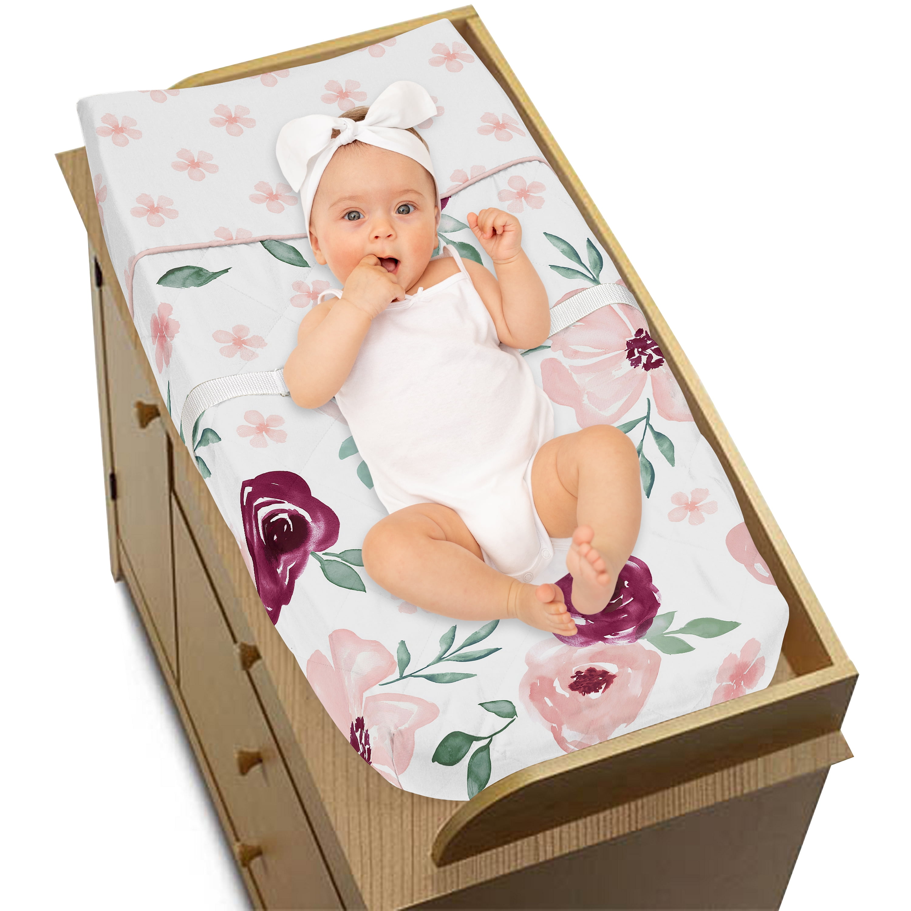 Sweet Jojo Designs Watercolor Floral Pink White and Green Changing Pad Cover