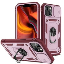 Allytech iPhone 13 Mini 2021 Case with Glass Screen Protector, 3-Layer Hybrid Shockproof 360° Rotating Magnetic Ring Holder Kickstand Slide Lens Protective Inner Card Holder Case, Pink   Dark Red