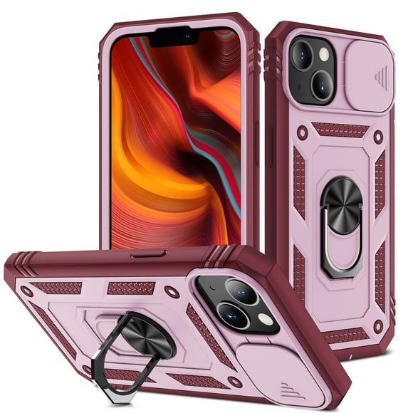 JTCASES for iPhone 15 Plus Case, Sliding Camera Cover+ Rotating Ring Kickstand + Magnetic Car Mount + Inside Card Holder, Bracket Shockproof Frame Anti-drop PC TPU Heavy Duty Protection, Rose/Pink