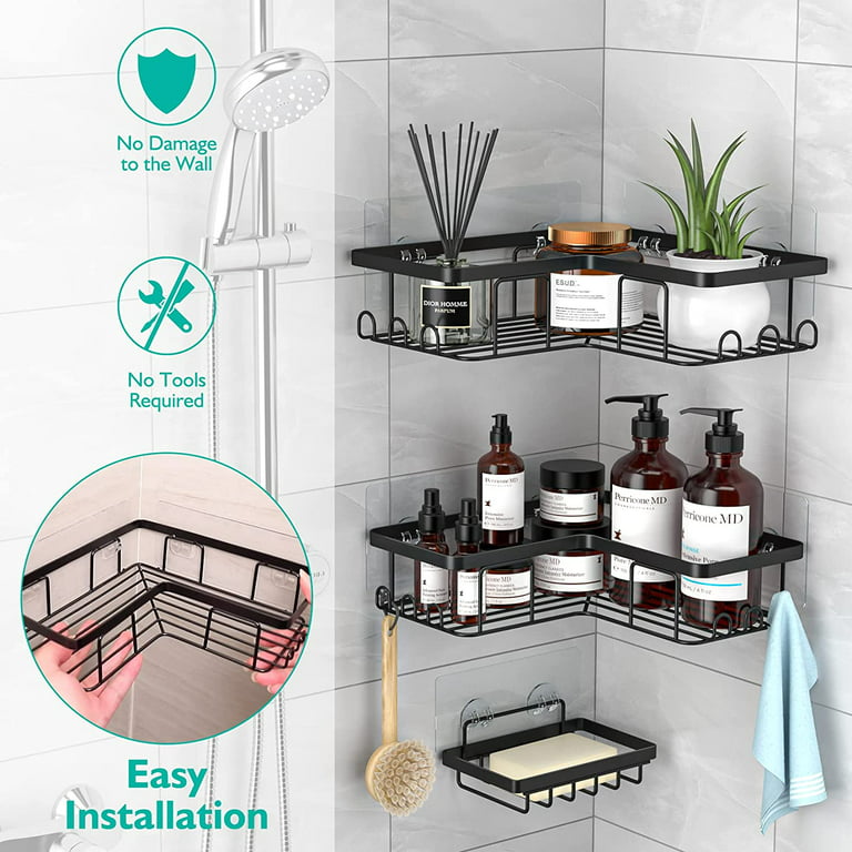 Huryfox Corner Shower Caddy, 3-Pack Adhesive Shower Shelf with Soap Dish and Hook, Stainless Steel Wall Mount Bathroom Shower Organizer (Black) 