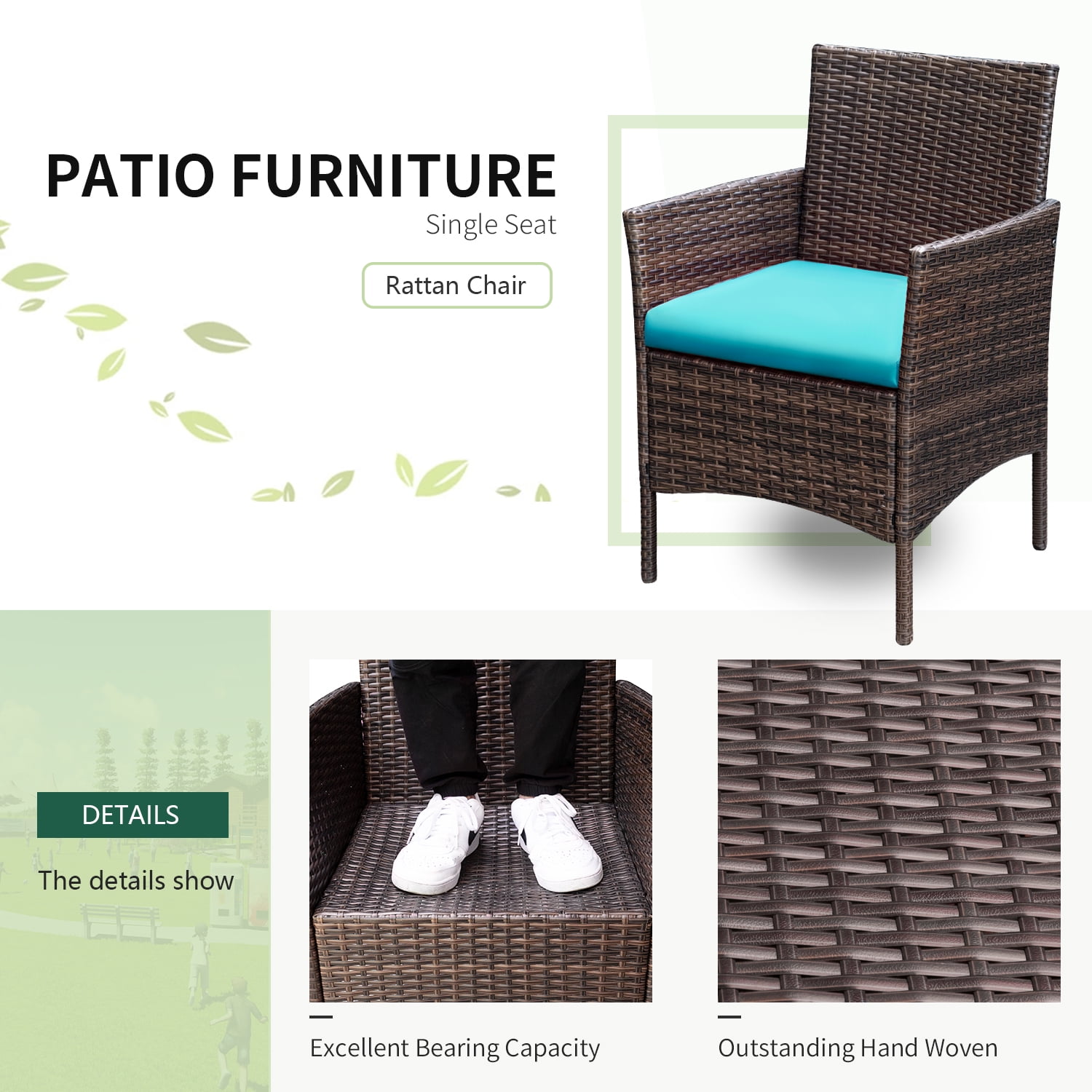 Devoko 3 Pieces Patio Furniture Set Outdoor Conversation Set Wicker Bistro Chairs Set of 2 with Coffee Table for Porch Backyard Balcony,, Brown/ Blue