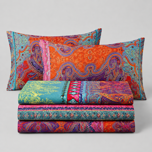 Boho Sheets Set Queen Size(4PCS) Bohemian Colorful Tribal Bed Sheets