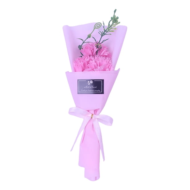 Ramo de claveles artificiales de 3/5 cabezas, envuelto en papel, con aroma a flores artificiales para el Día de la Madre o cumpleaños.